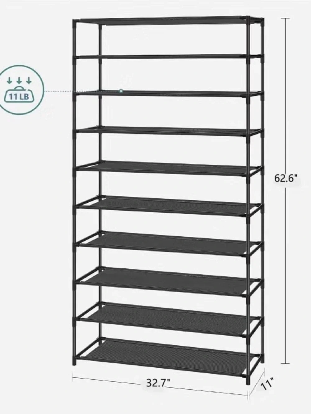 Metal 10-Tier Shoe Rack Organizer in Black